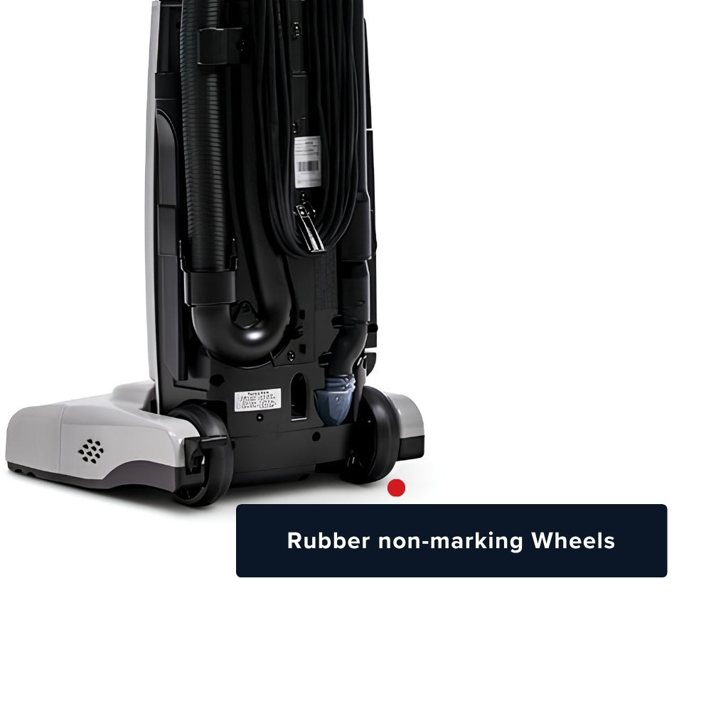 A close-up of the underside of a cordless vacuum cleaner, showing black rubber non-marking wheels and a dark base, with a text label reading 'Rubber non-marking Wheels' on a white background.