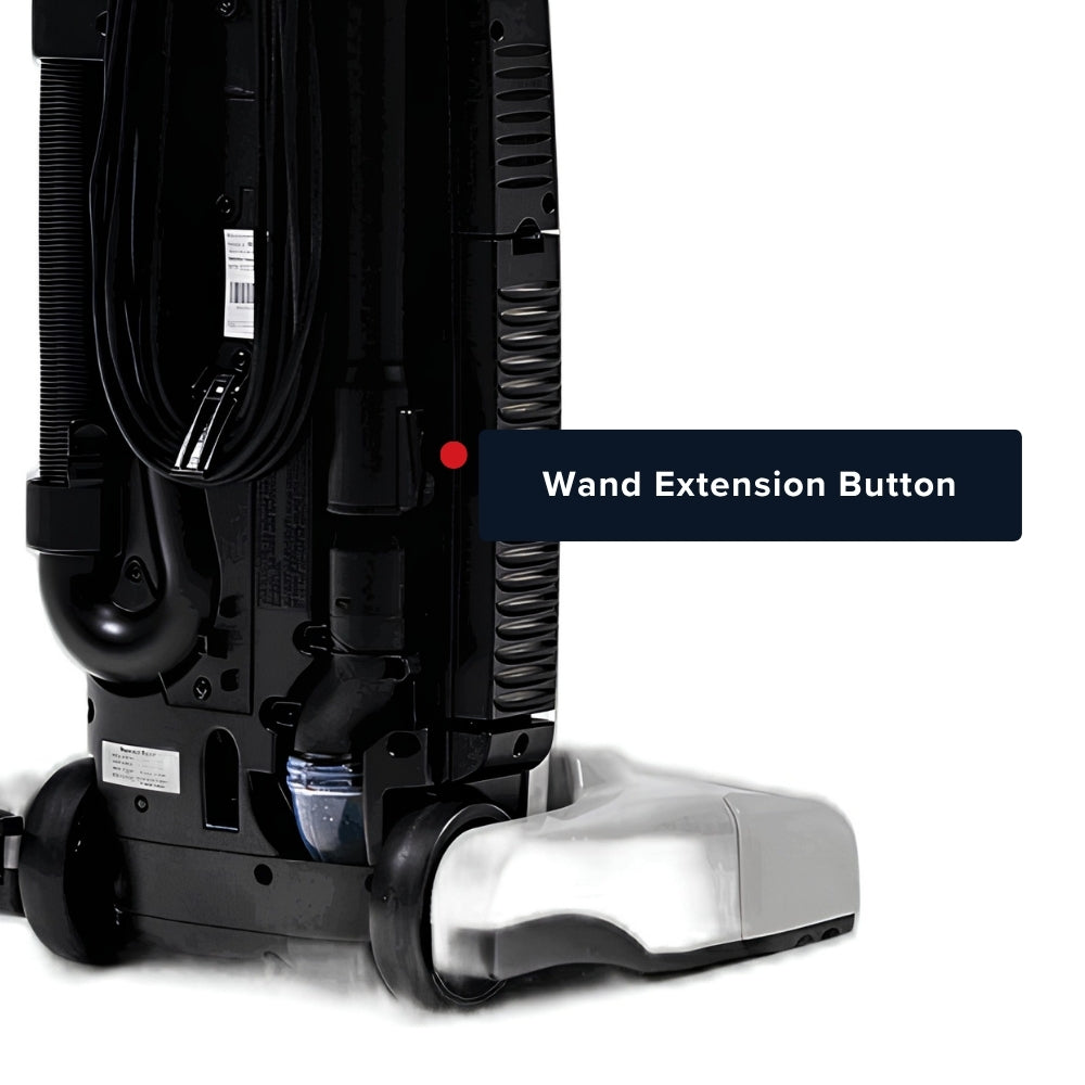 Close-up of a black vacuum cleaner showing the underside and a cord loop, with a dark overlay label reading 'Wand Extension Button' pointing to a small red button on the body.