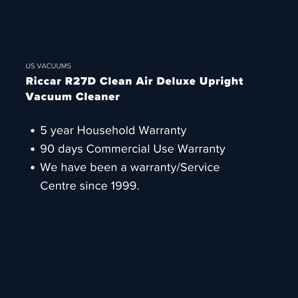 A dark navy promotional graphic with white text reading 'US VACUUMS' and 'Riccar Clean Air Premium Pet Upright Vacuum Cleaner,' plus three warranty bullet points.
