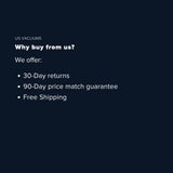 Text on a black background explaining why buy from US Vacuums, including 30-Day returns, 90-Day price match guarantee, and Free Shipping.