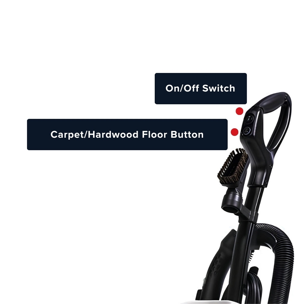 Riccar vacuum cleaner shown on a white background with two dark overlay labels pointing to controls: 'On/Off Switch' and 'Carpet/Hardwood Floor Button'.