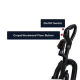 Riccar vacuum cleaner shown on a white background with two dark overlay labels pointing to controls: 'On/Off Switch' and 'Carpet/Hardwood Floor Button'.
