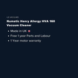Numatic Henry Allergy HVA160 Vacuum Cleaner - US Vacuums - 908144
