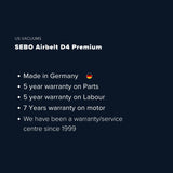 Sebo Airbelt D4 Premium Canister Vacuum Cleaner - Onyx Black - US Vacuums - 90940AM